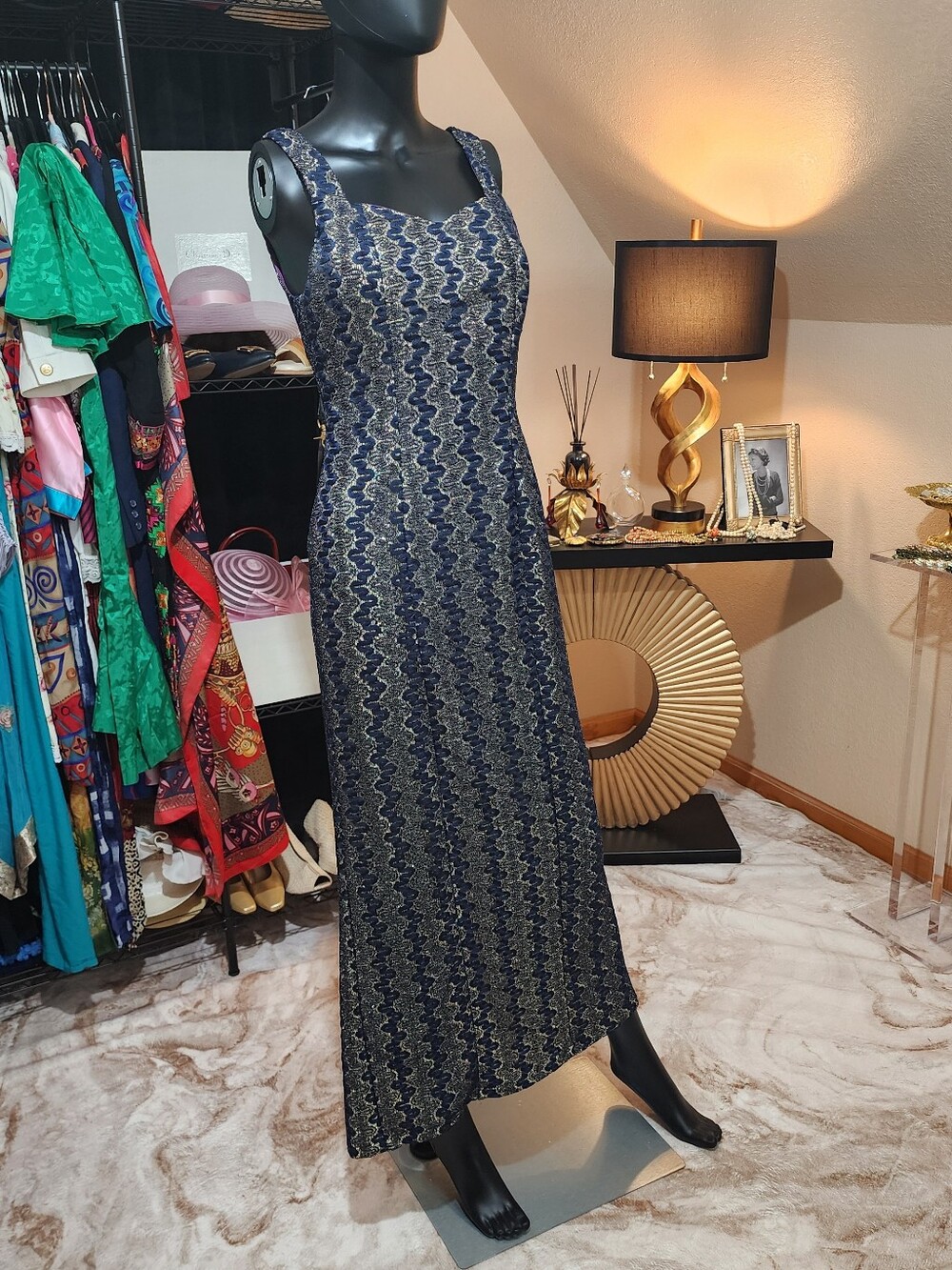 POLY USA Vintage 90's Elegant Navy and Gold Sleeveless Maxi Dress